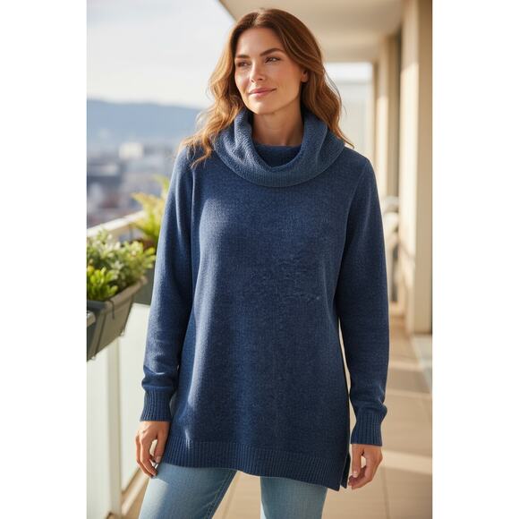 Lands' End Women's Blue Chenille Cowl Neck Sweater Size Medium Tall 10-12 - Picture 1 of 5
